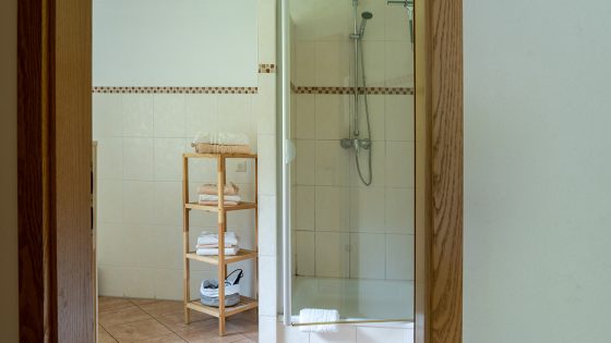 Das Bad der Ferienwohnung Frühlingsduft auf dem Schätzlehof ist ausgestattet mit einer Dusche und Handtüchern.