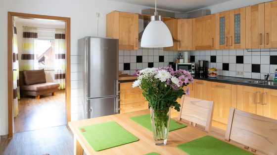 Grosszügig ausgestattete Küche mit großem Kühlschrank, Herd, Ofen und vielem mehr in der Ferienwohnung Frühlingsduft auf dem Schätzlehof.