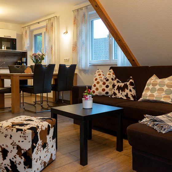 Der Wohnbereich der Ferienwohnung Heuboden mit großzügigen Sofa, dem Esstisch und der Küche.